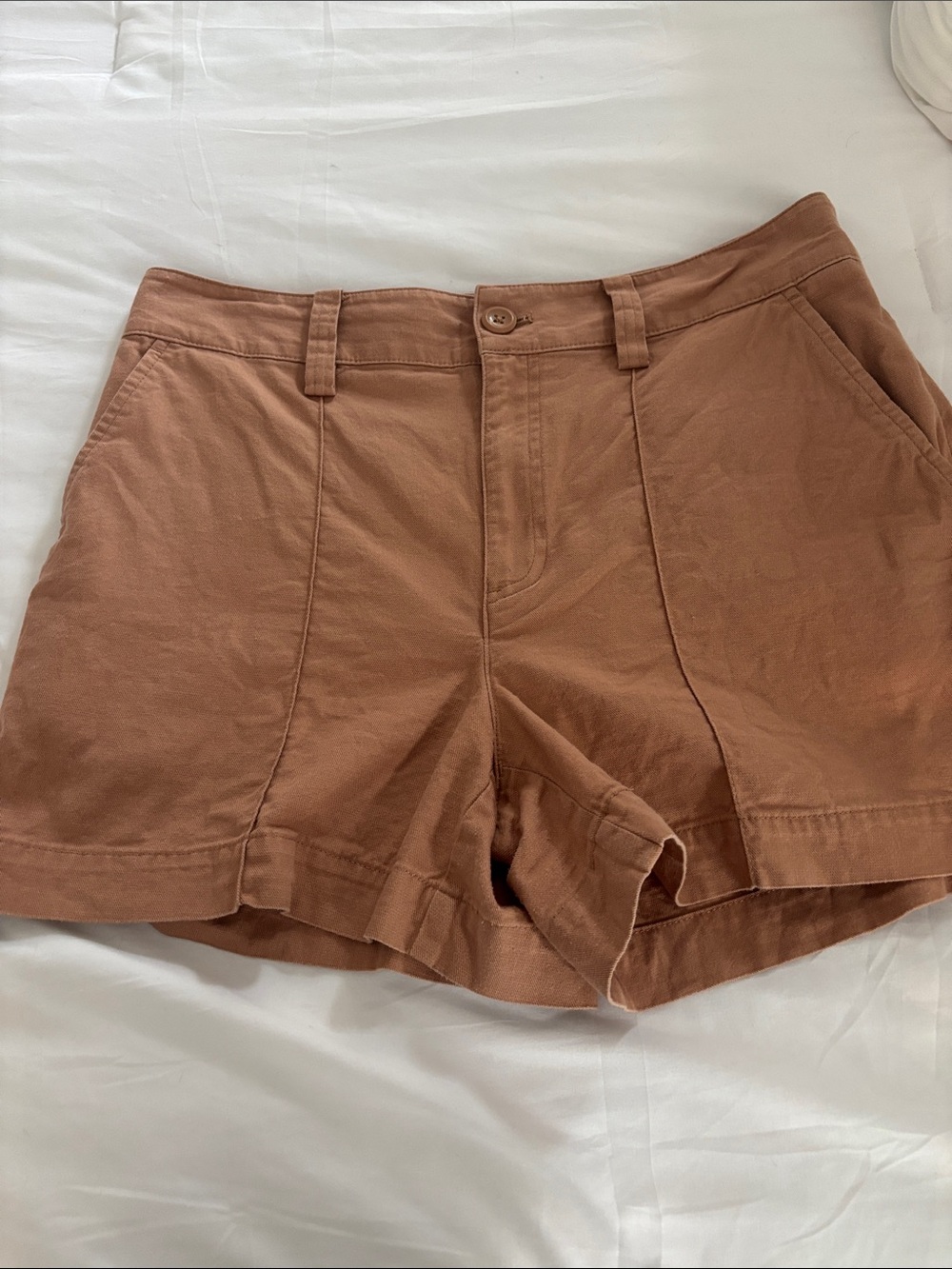 LOFT High-Rise Tailored Shorts in Warm Brown